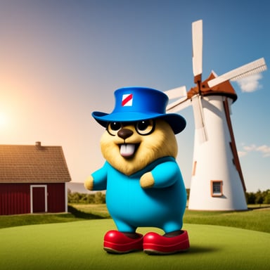 Go Blue Gopher, like the Golang logo, wears yellow clogs and sports a Dutch flag in red, white, and blue, proudly standing next to a windmill, symbolizing sustainable power generation.