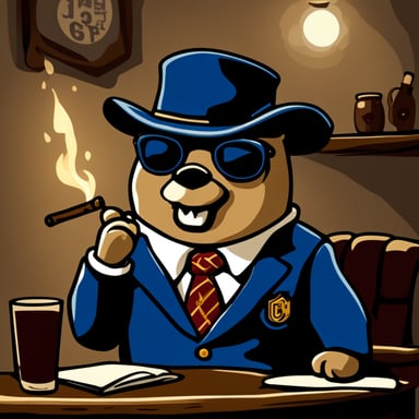 Go Blue Gopher enjoying a cigar and sipping whiskey.