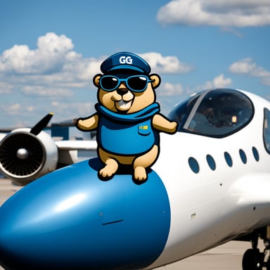 Go Blue Gopher sitting on top of an airplane.