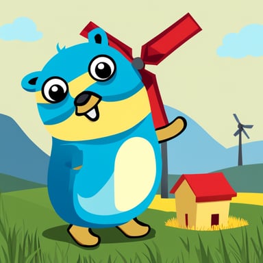 Create a photorealistic go blue gopher, wearing yellow clogs and a Dutch flag which is red, white, and then blue, proudly standing next to a windmill, symbolizing sustainable power generation with a windmill.