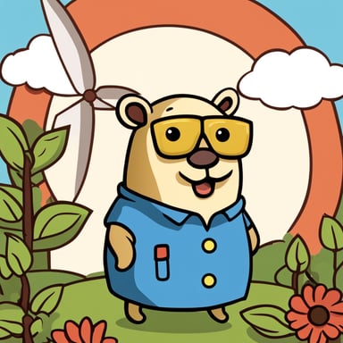Create a photorealistic go blue gopher, wearing yellow clogs and a Dutch flag which is red, white, and then blue, proudly standing next to a windmill, symbolizing sustainable power generation with a windmill.
