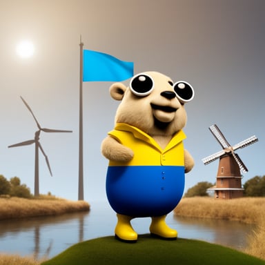 Create a photorealistic go blue gopher, wearing yellow clogs and a Dutch flag which is red, white, and then blue, proudly standing next to a windmill, symbolizing sustainable power generation with a windmill.
