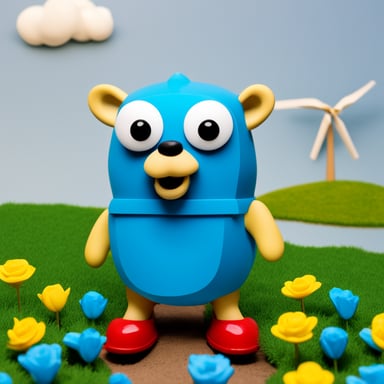 Create a photorealistic go blue gopher, wearing yellow clogs and a Dutch flag which is red, white, and then blue, proudly standing next to a windmill, symbolizing sustainable power generation with a windmill.