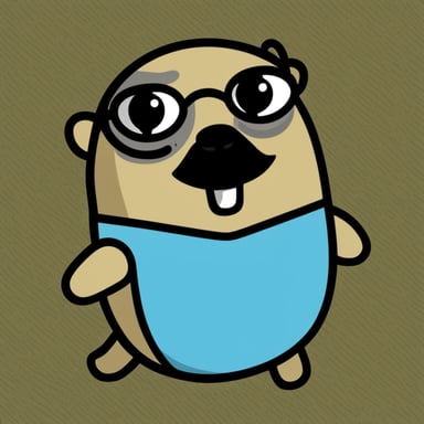 A gopher named Go Blue Gopher with a black beard and bushy eyebrows.