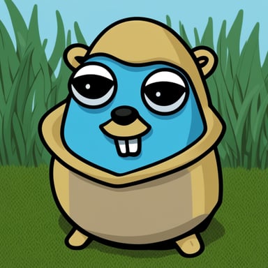 A gopher named Go Blue Gopher with a black beard and bushy eyebrows.