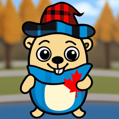 Go Blue Gopher represents Canada, wearing a plaid shirt and holding a maple leaf flag.