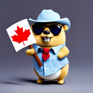 Go Blue Gopher represents Canada, wearing a plaid shirt and holding a maple leaf flag.