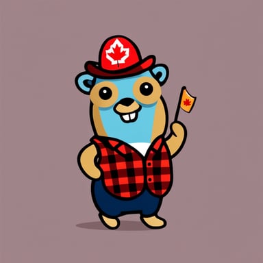 Go Blue Gopher represents Canada, wearing a plaid shirt and holding a maple leaf flag.