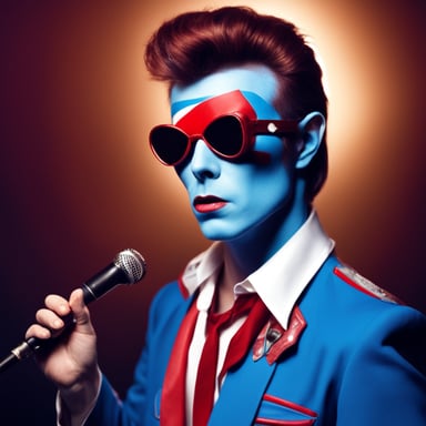 Go Blue Gopher as David Bowie on the Aladdin Sane album cover, with facepaint and a guitar, ready to rock the stage.