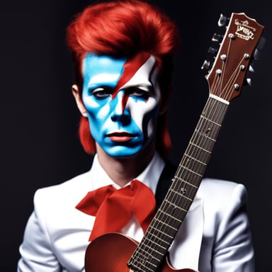 Go Blue Gopher as David Bowie on the Aladdin Sane album cover, with facepaint and a guitar, ready to rock the stage.