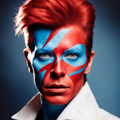 Go Blue Gopher as David Bowie on the Aladdin Sane album cover, with facepaint and a guitar, ready to rock the stage.