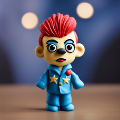 Go Blue Gopher as David Bowie, with facepaint from the Aladdin Sane album, on stage with stage lights, playdough style.