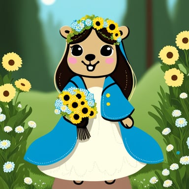 Go blue gopher bride with colorful flowers in the left hand