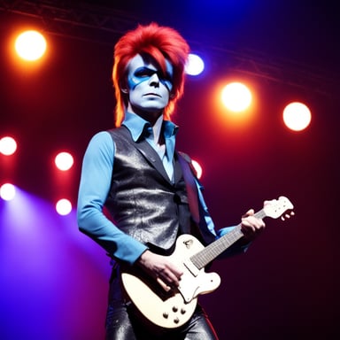 Go blue gopher as David Bowie rockstar gopher, with facepaint from Aladdin Sane album, on stage with stage lights.