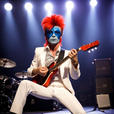 Go blue gopher as David Bowie rockstar gopher, with facepaint from Aladdin Sane album, on stage with stage lights.
