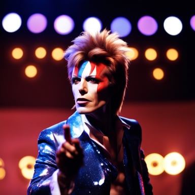 Go blue gopher as David Bowie rockstar gopher, with facepaint from Aladdin Sane album, on stage with stage lights.