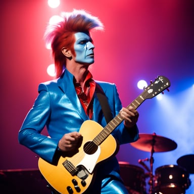 Go blue gopher as David Bowie rockstar gopher, with facepaint from Aladdin Sane album, on stage with stage lights.
