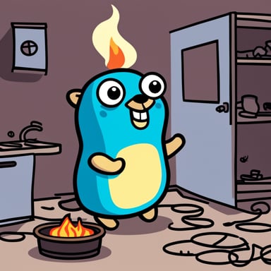 A smiling Go Blue Gopher in a house on fire.