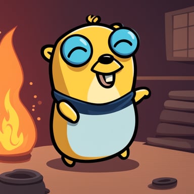 A smiling Go Blue Gopher in a house on fire.