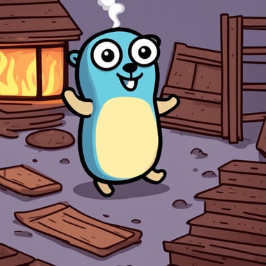 A smiling Go Blue Gopher in a house on fire.