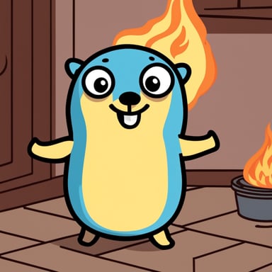 A smiling Go Blue Gopher in a house on fire.