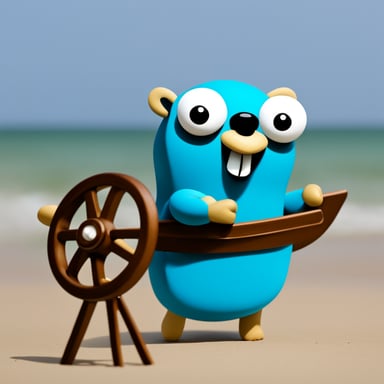 Go Blue Gopher holding a boat steering wheel.