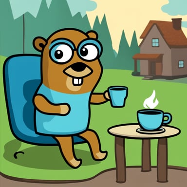 Cartoon go blue gopher, seated, having coffee with his house on fire, in the style of this is fine meme.