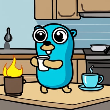 Cartoon go blue gopher, seated, having coffee with his house on fire, in the style of this is fine meme.