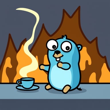Cartoon go blue gopher, seated, having coffee with his house on fire, in the style of this is fine meme.