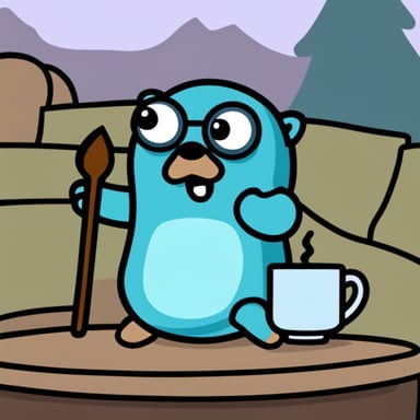 Cartoon go blue gopher, seated, having coffee with his house on fire, in the style of this is fine meme.