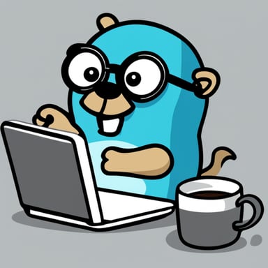 Go blue gopher as a character for a round sticker, wearing glasses, holding a coffee mug, behind a laptop.