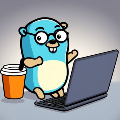Go blue gopher as a character for a round sticker, wearing glasses, holding a coffee mug, behind a laptop.