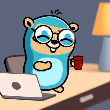 Go blue gopher as a character for a round sticker, wearing glasses, holding a coffee mug, behind a laptop.