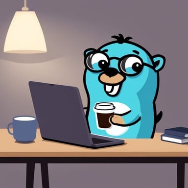 Go blue gopher as a character for a round sticker, wearing glasses, holding a coffee mug, behind a laptop.