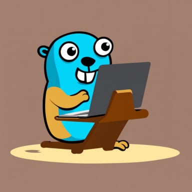 Go Blue Gopher with MacBook, writing Go code