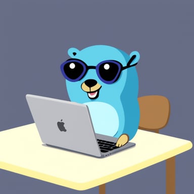 Go Blue Gopher with MacBook, writing Go code