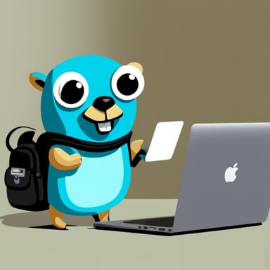 Go Blue Gopher with MacBook, writing Go code