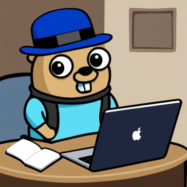 Go Blue Gopher with MacBook, writing Go code