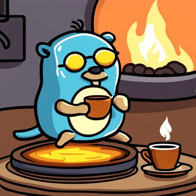 A Go Blue Gopher sipping on coffee surrounded by fire.