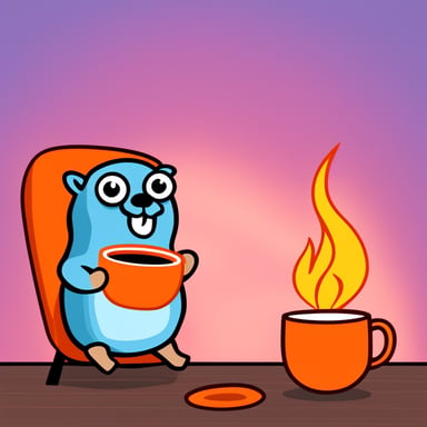 A Go Blue Gopher sipping on coffee surrounded by fire.