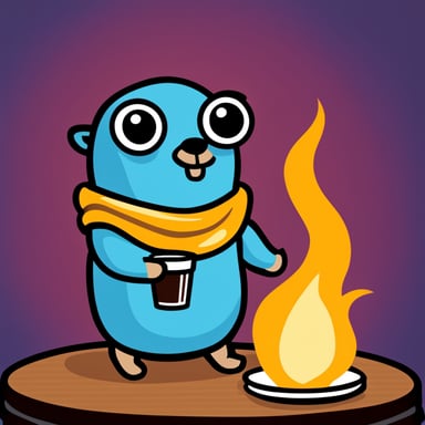 A Go Blue Gopher sipping on coffee surrounded by fire.