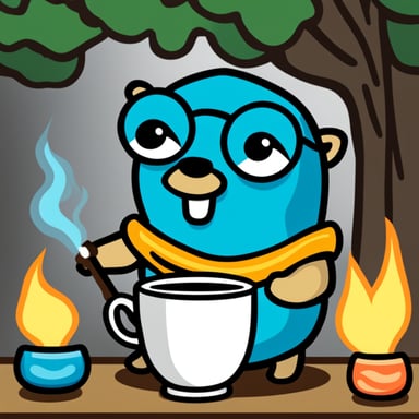 A Go Blue Gopher sipping on coffee surrounded by fire.