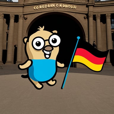 In Berlin with Go Blue Gopher holding the German flag.