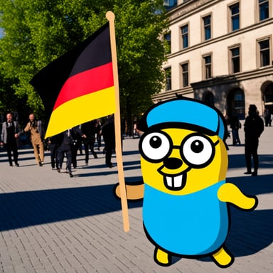 In Berlin with Go Blue Gopher holding the German flag.