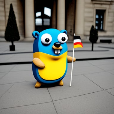 In Berlin with Go Blue Gopher holding the German flag.