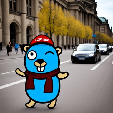 In Berlin with Go Blue Gopher holding the German flag.