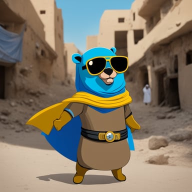 Go Blue Gopher as an Arab superhero in Damascus.