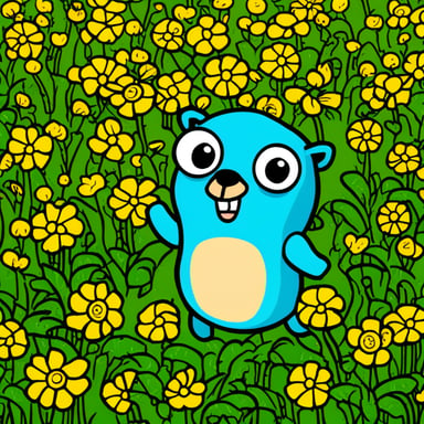 Generate Go Blue Gopher jogging in a field of flowers.