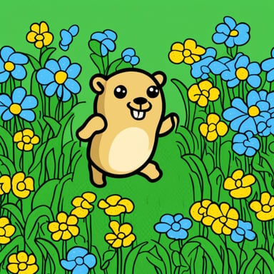 Generate Go Blue Gopher jogging in a field of flowers.