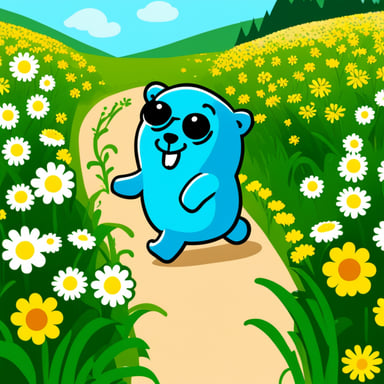 Generate Go Blue Gopher jogging in a field of flowers.